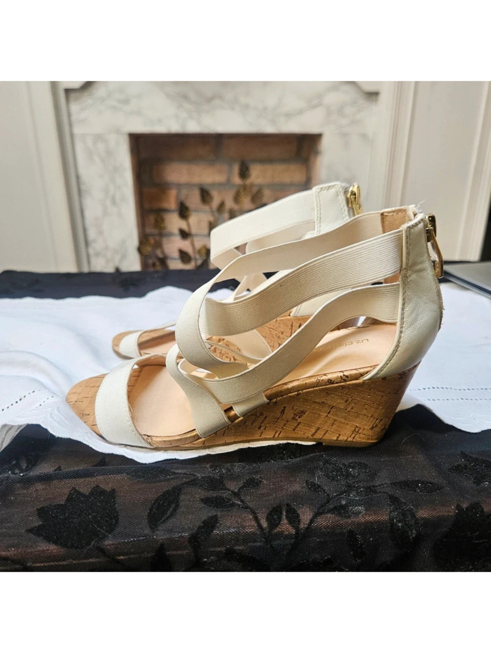 Liz claiborne white wedge strappy heels faux cork sz 7.5 - Picture 4 of 6